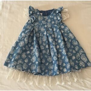 Girls Baby Bonnie Baby Dress Blue White Flowers Dress Lace Ruffles 12 Months